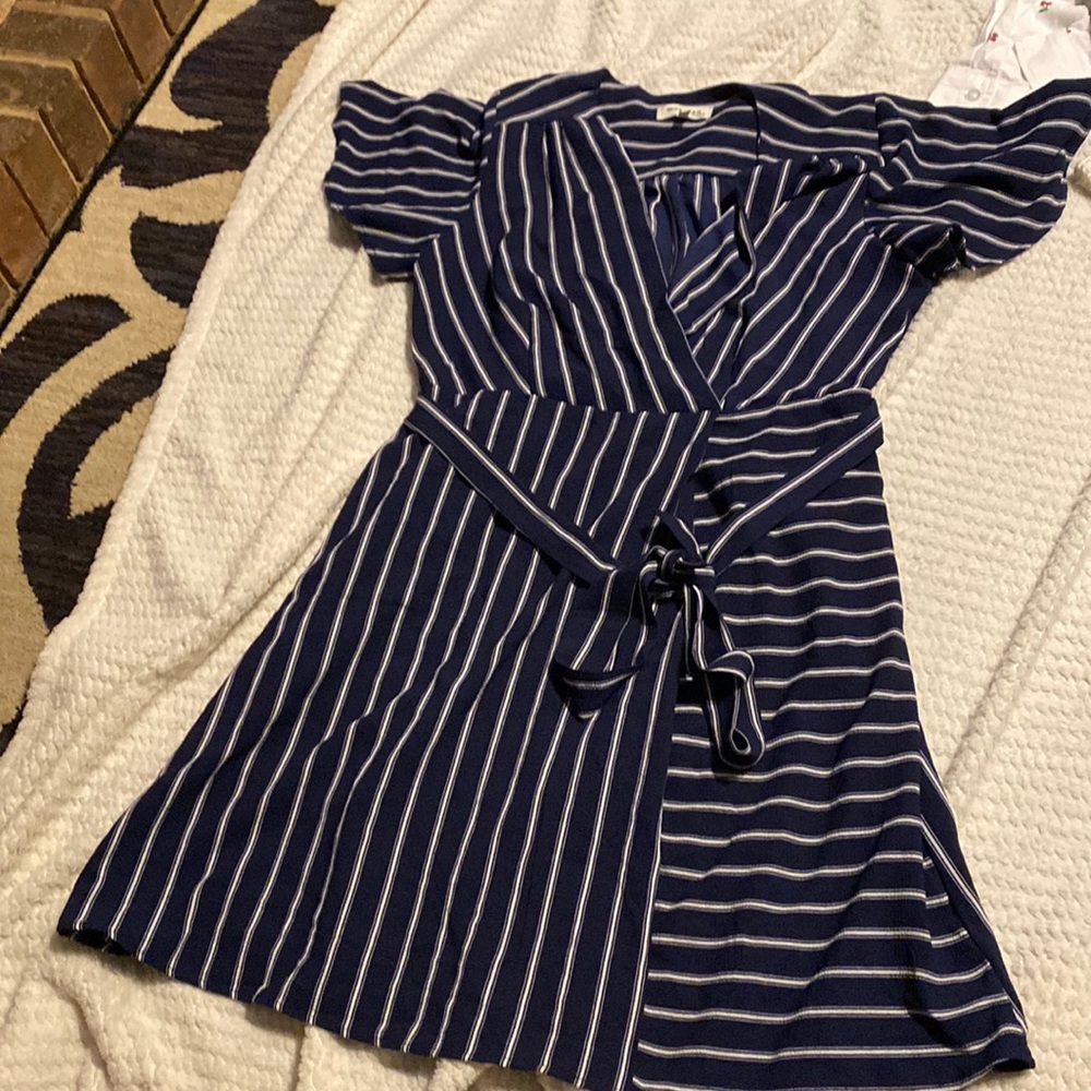 Navy striped v neck dress